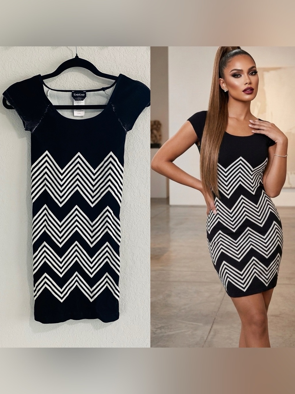 bebe Black & White Chevron Mini Dress